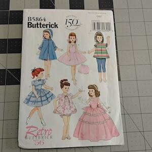 May include: A vintage Butterick sewing pattern, B5864, featuring illustrations of doll clothing designs. The pattern includes images of dresses, coats, and other outfits. The cover has the text "Retro '56" and "150th Anniversary".