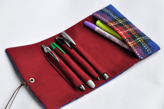 Wool Tweed and Silk with Accessory Pouch Pen Wrap Pen Roll Pen Case