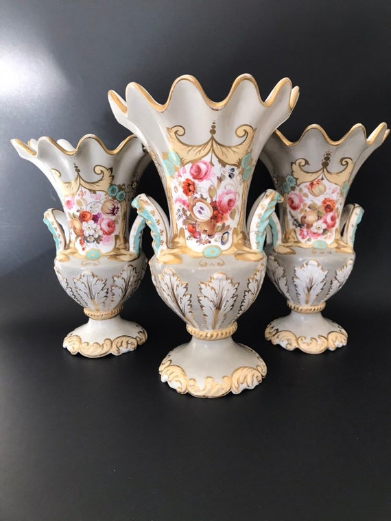 Antique English Porcelain Campana Vases Garniture Set Hand Etsy