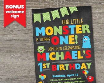 Monster 1st Birthday Invitation  |  Little Monster First Birthday  |  Monster Theme Printable + BONUS Welcome Sign