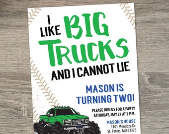 Invitación de cumpleaños de Monster Truck / Me gustan los camiones grandes y no puedo mentir / Invitación a fiesta de Monster Truck / Me gustan los camiones grandes / Camión sí