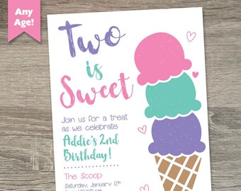 May include: A birthday invitation with an ice cream cone graphic. The text reads "Two is Sweet" and "Join us for a treat as we celebrate Addie's 2nd Birthday!" The Scoop, Saturday, January 12th from 1:30-4:00 pm, Addie's House, 8 Lost Trail Way, Lake St. Louis MO 63367, RSVP to Megan at 0000000000.