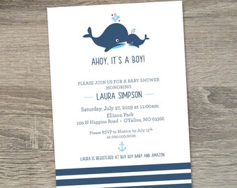 May include: Ahoy, It's a Boy! Baby shower invitation with a blue whale and a smaller whale with red hearts. The invitation is for Laura Simpson and includes the date, time, location, and RSVP information.