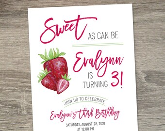 Strawberry Birthday Invitation  |  Strawberry Party Theme  |  Third Birthday Girl Invitation  |  Berry Sweet  |  Strawberry Shortcake Invite