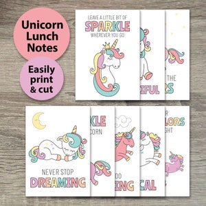 Lunch Box Notizen zum Ausdrucken | Notizen zum Mittagessen für Kinder | Einhorn Lunch | Druckbares Arbeitsblatt für Kinder | Positive Botschaften Printables | Schulnote