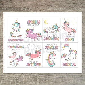 May include: Eight printable cards featuring colorful unicorn illustrations and inspirational quotes. The quotes include "Sparkle like a unicorn", "Beyoutiful", "Let your true colors shine bright", "Never stop dreaming", "Leave a little bit of sparkle wherever you go", "Reach for the stars", "You can do anything", and "Magical".