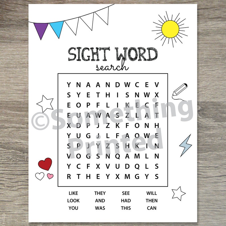 Puede incluir: Un rompecabezas de b&uacute;squeda de palabras en blanco y negro con el t&iacute;tulo "B&uacute;squeda de palabras a la vista". El rompecabezas presenta palabras comunes a la vista como "like", "they", "see", "will", "look", "and", "had", "then", "you", "was", "this" y "can".