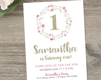 Pink and Gold First Birthday Invitation  |  Floral First Birthday Invitation  |  1st Birthday Girl