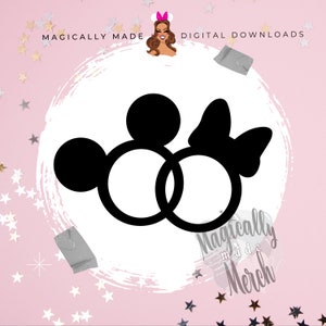 May include: Black silhouette of Mickey Mouse and Minnie Mouse ears with a bow. The ears are connected by two rings. The image is on a pink background with silver stars.