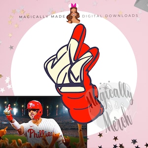 Puede incluir: Guante de béisbol rojo y blanco con contorno azul, apuntando hacia arriba con dos dedos extendidos. El guante está sobre un fondo rosa con estrellas blancas.