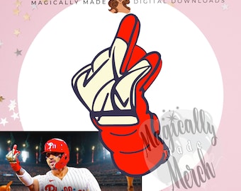 May include: Red and white baseball glove with a blue outline, pointing up with two fingers extended. The glove is on a pink background with white stars.