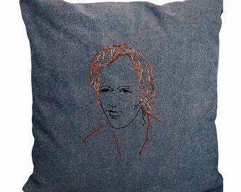 Jean Jacques Goldman hand embroidered cushion on denim