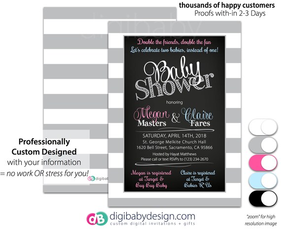 Joint Friends Baby Shower Invitation Chalkboard Stripes Invite Joint Friends Baby Shower Invitation Chalkboard Stripes Invite