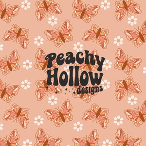 May include: A peach-colored background with a repeating pattern of orange butterflies and white flowers. The text "Peachy Hollow designs" is in the center of the image.