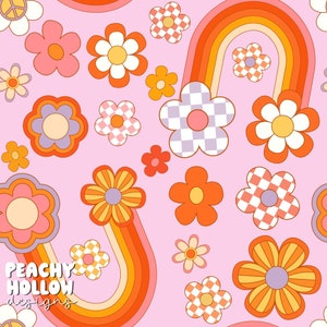 May include: A seamless pattern featuring a variety of colorful flowers and rainbows on a pink background. The flowers are in various styles, including daisies, checkered flowers, and striped flowers. The rainbows are multi-colored and have a retro style. The text "Peachy Hollow Designs" is at the bottom of the pattern.