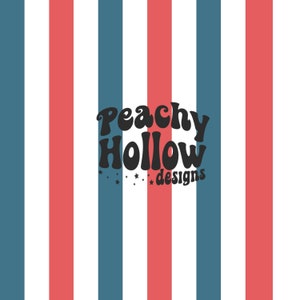 May include: A striped background with alternating red and blue vertical stripes. The text "Peachy Hollow designs" is centered on the background.