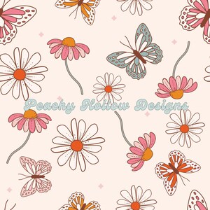 May include: A seamless pattern featuring pink, white, and orange butterflies with daisy flowers on a light pink background. The text "Peachy Hollow Designs" is in the center of the pattern.