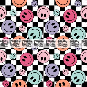 May include: A seamless pattern featuring colorful smiley faces on a black and white checkered background. The smiley faces are in various shades of pink, blue, green, and orange. The background has a subtle white speckled texture.