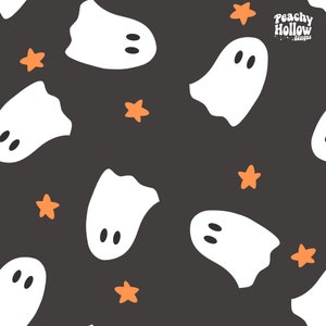 May include: A seamless pattern featuring white ghosts and orange stars on a dark gray background. The text "Peachy Hollow Designs" is in the top right corner.