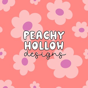 May include: Peachy Hollow Designs text in white with a black outline on a pink background with a pattern of pink flowers with purple centers.