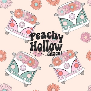 May include: A seamless pattern featuring pink and green vintage Volkswagen vans with flower wreaths on the front. The vans are on a peach background with scattered pink and orange flowers. The text "Peachy Hollow designs" is in the center of the pattern.