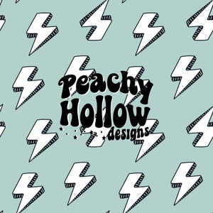 May include: A light blue background with a repeating pattern of white lightning bolts. The text "Peachy Hollow designs" is in the center of the image in black.