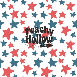 May include: A seamless pattern featuring red and blue stars on a white background. The text "Peachy Hollow designs" is centered in the image.