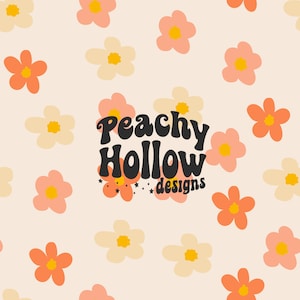 May include: A repeating pattern of stylized flowers in shades of peach, orange, and cream on a light beige background. The text "Peachy Hollow designs" is centered in the image, in a retro font.