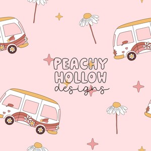 May include: A seamless pattern featuring a pink background with white and yellow daisies, stars, and a retro-style van with rainbow stripes. The text "PEACHY HOLLOW designs" is centered in the pattern.