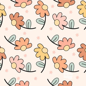 May include: A seamless pattern featuring a variety of pastel-colored flowers with yellow centers. The flowers are arranged in a repeating pattern on a light pink background.