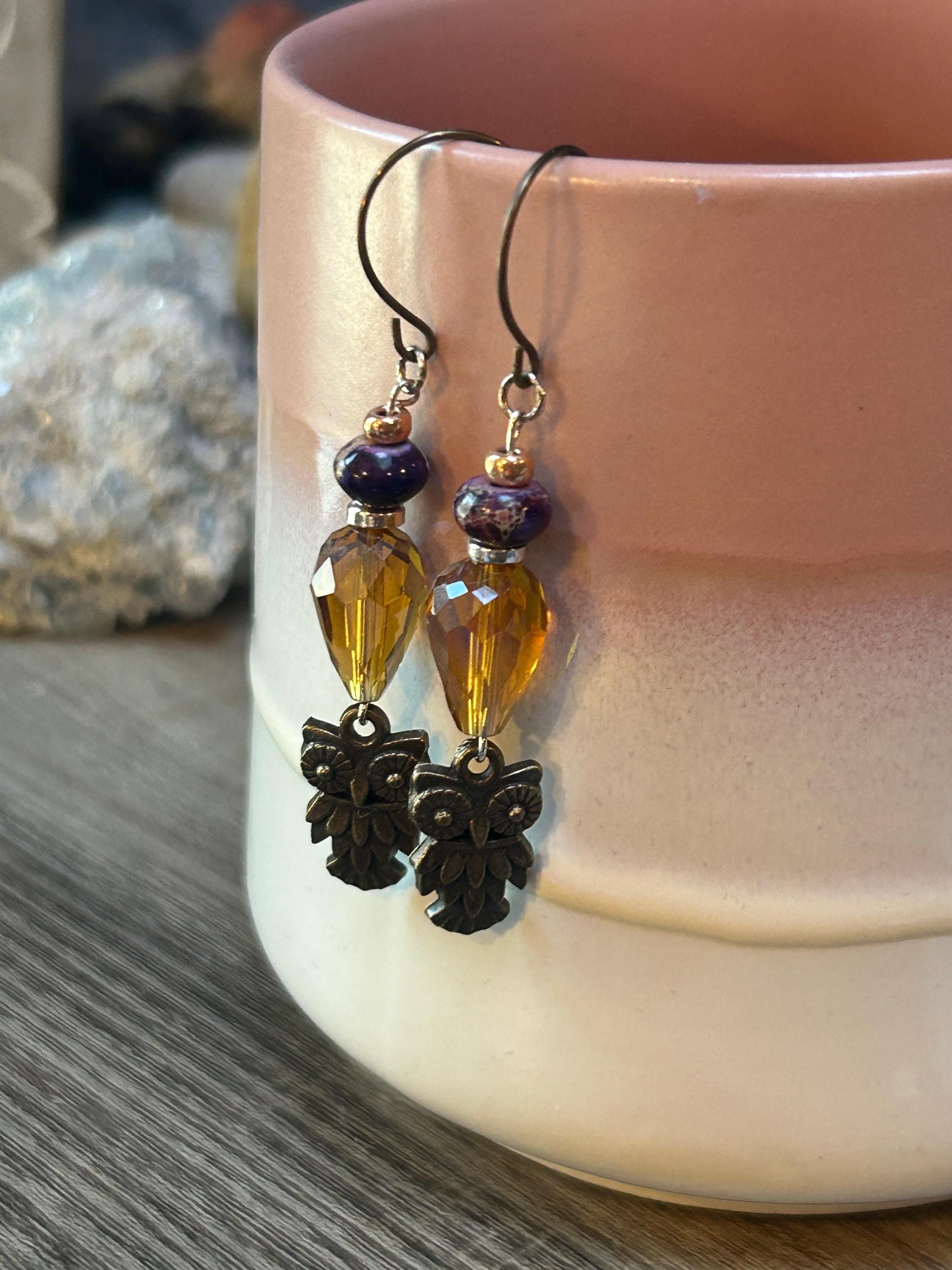Copper Owl & Purple Jasper Crystal Earrings