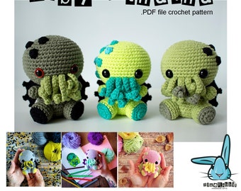 Amigurumi Baby Cthulhu crochet pattern. DIY Sea Monster crochet toy. Creepy and cute. Languages: English, German, French, Spanish