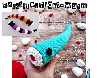 Amigurumi parasite crochet pattern. Fight worm, sand worm,  DIY creepy amigurumi toy. Worm with teeth. Languages: English