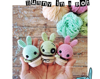 Amigurumi bunny in a pot crochet pattern. Zombie rabbit. Bunny in a flower pot.  Creepy, cute. Languages: English, French, German, Spanish.