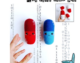 Amigurumi pill crochet pattern. Chill pill. Red pill, blue pill. Amigurumi medicines.  Languages:  English, Danish, French, German, Spanish.