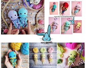 Amigurumi Jellyfish crochet pattern. No sew. Languages: English, German, French, Norwegian, Danish, Dutch, Spanish, Swedish,  Portuguese.