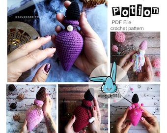 Peut inclure: Patron de crochet pour une fiole de potion magique. Le patron est disponible en téléchargement PDF. L'image montre quatre variations de couleurs différentes de la fiole : violet, rose, rouge et une version multicolore. La fiole a un bouchon noir et un accent de perle blanche.