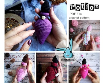 Amigurumi Magic Potion bottle crochet pattern. Halloween crochet pattern. Witch potion. Languages: English, German, Spanish, Danish, French.