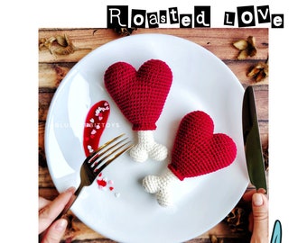 Amigurumi Heart on the bone crochet pattern. Roasted Love. Valentine's Day. Language: English, Danish, German, French, Spanish.