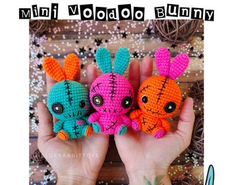 Amigurumi Mini Voodoo bunny crochet pattern. Creepy, cute, scary rabbit toy pattern. Language - English, German, Danish, French, Spanish.