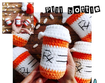 Amigurumi pill bottle crochet pattern.  DIY medicine bottle. Languages: English, German, Spanish, French