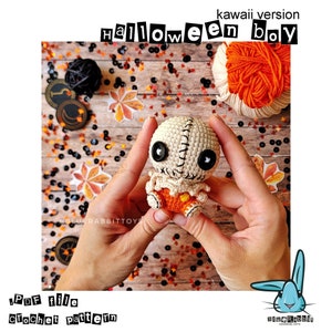Amigurumi Halloween boy crochet pattern. Horror, creepy, scary doll. Kawaii version. Language - English, German, French, Danish, Spanish.