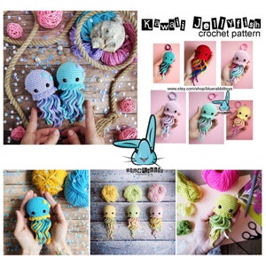 May include: A crochet pattern for a Kawaii Jellyfish featuring multiple images of small, handmade jellyfish toys in various colors including blue, purple, red, pink, yellow, and green, with curly tentacles and black eyes, plus text labels.