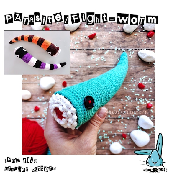 Amigurumi parasite crochet pattern. Fight worm, sand worm,  DIY creepy amigurumi toy. Worm with teeth. Languages: English