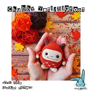 May include: A crochet pattern for a cute, chubby Yeti or Bigfoot amigurumi toy. The pattern is available as a PDF download. The image shows a finished toy in orange and white, with a friendly face, held in a person's hands.