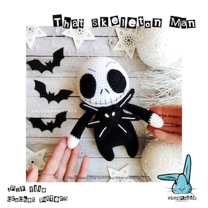 Amigurumi Skeleton Man crochet pattern. Halloween and Christmas crochet pattern. Creepy & cute. Languages: English, Danish, German, Spanish.