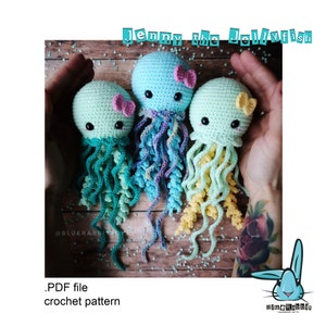 Amigurumi Jenny the Jellyfish crochet pattern. No sew. Easy to make. Cute jellyfish. Languages: English, French, Spanish, German, Danish