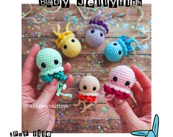 Amigurumi jellyfish crochet pattern. Baby jellyfish. Mini.  No sew. PDF file. ENG.