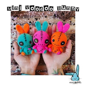 Amigurumi Mini Voodoo bunny crochet pattern. Creepy, cute, scary rabbit toy pattern. Language - English, German, Danish, French, Spanish.