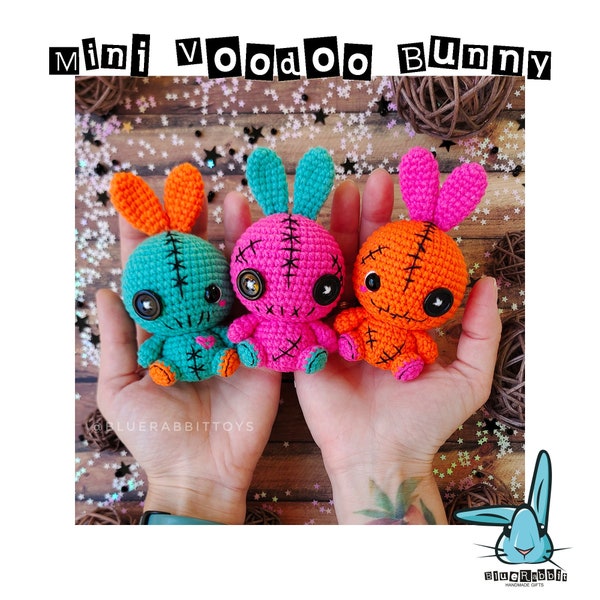 Amigurumi Mini Voodoo Häschen Häkelanleitung. Gruseliges, niedliches, gruseliges Hasenspielzeug Muster. Sprache - Englisch, Deutsch, Dänisch, Französisch, Spanisch.